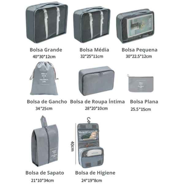 Kit 8 Bolsas Organizadoras para Mala de Viagem - Essential Bag